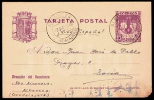 Tarjeta entero postal circulado de Alboreca a Soria en 1938, matasellado con fechador tipo Puente de Alcuneza.