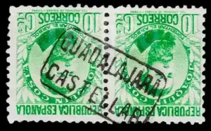 Dos sellos de la República matasellados con marca de cartería de Castellar de la Muela, Guadalajara.