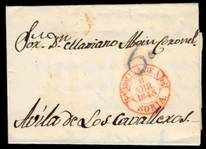 Carta de Molina de Aragón a Ávila enviada el 8 de abril de 1845, con fechador Baeza de Molina y porteo de 6 cuartos de Ávila.