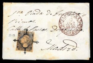 Carta de Pastrana a Madrid con el sello de 6 cuartos de 1850 matasellado con Araña, y con fechador Baeza de Pastrana/Alcarria.