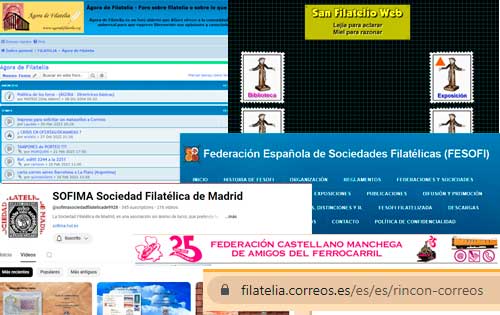 Montaje con portadas de webs de filatelia e historia postal.